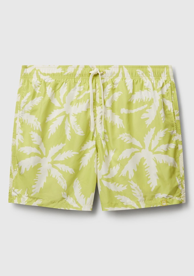  Erkek Açık Yeşil Desenli Arkası Cep Detaylı Büzgü İpli Deniz Şortu