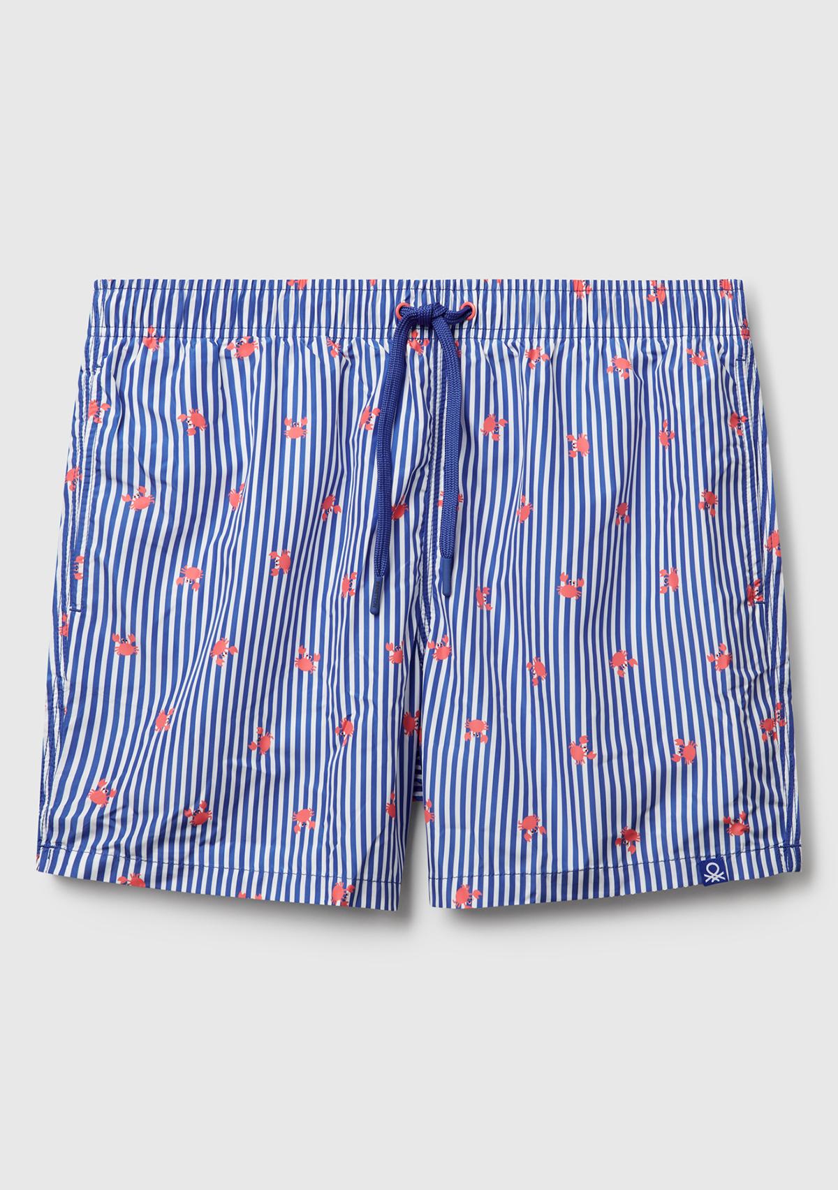  Erkek Mavi Mix Desenli Arkası Cep Detaylı Büzgü İpli Deniz Şortu