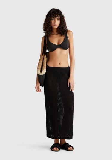  Kadın Siyah Pamuk Karışımlı Tamamı Desenli Beli Lastikli Uzun Etek