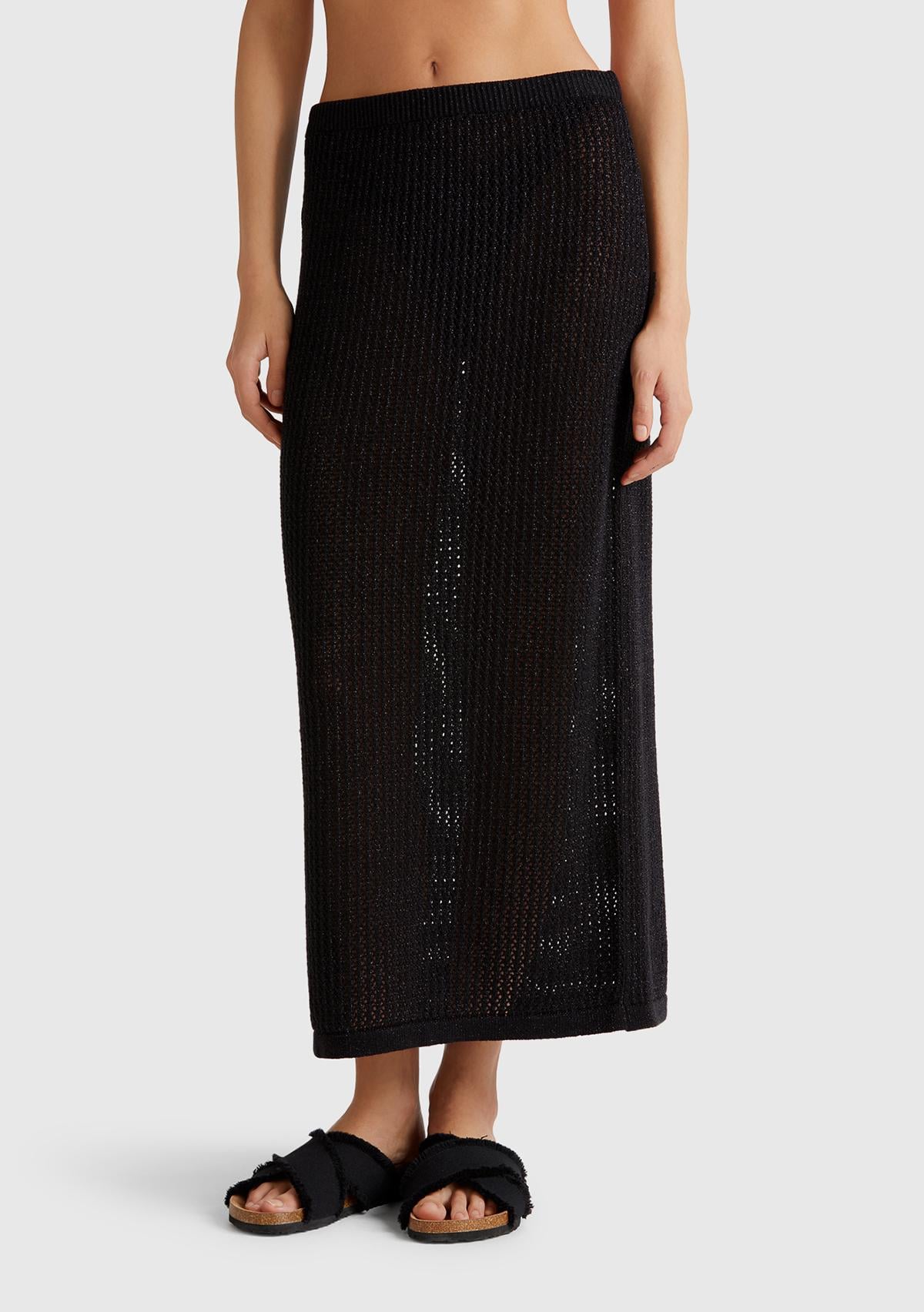  Kadın Siyah Pamuk Karışımlı Tamamı Desenli Beli Lastikli Uzun Etek