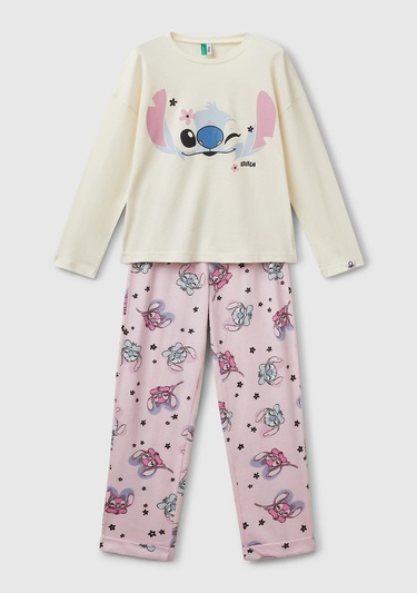  Kız Çocuk Pembe Baskılı Üst ve Desenli Beli Lastikli Alt Pijama Takımı