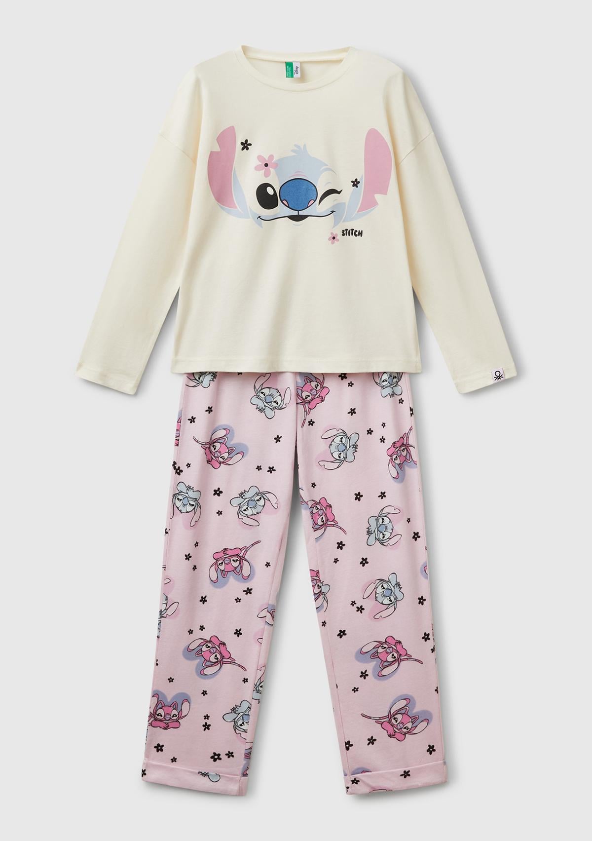  Kız Çocuk Pembe Baskılı Üst ve Desenli Beli Lastikli Alt Pijama Takımı