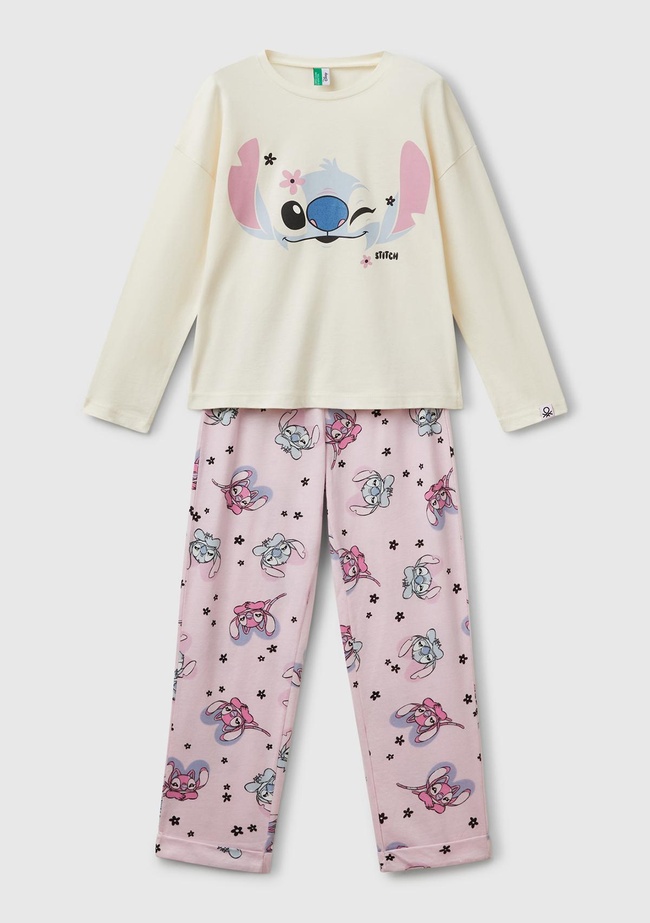  Kız Çocuk Pembe Baskılı Üst ve Desenli Beli Lastikli Alt Pijama Takımı