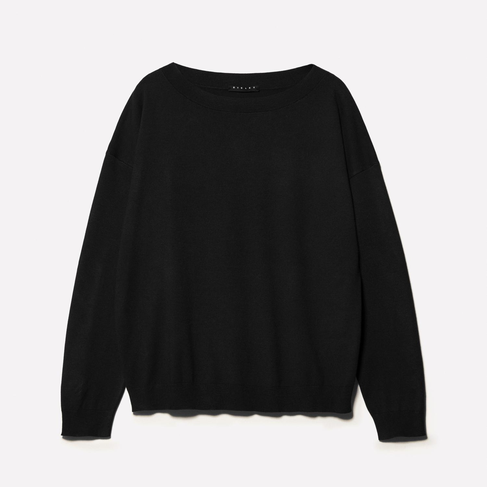 Kadın Siyah Viskoz Karışımlı Normal Kesim Düz Kayık Yaka Kazak