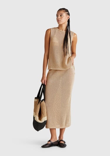  Kadın Bej Pamuk Karışımlı Tamamı Desenli Beli Lastikli Uzun Etek