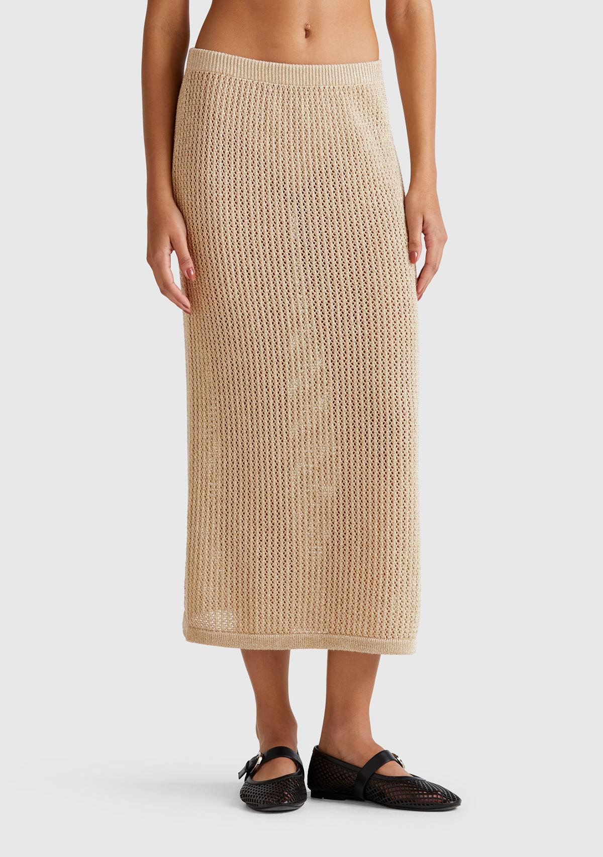  Kadın Bej Pamuk Karışımlı Tamamı Desenli Beli Lastikli Uzun Etek