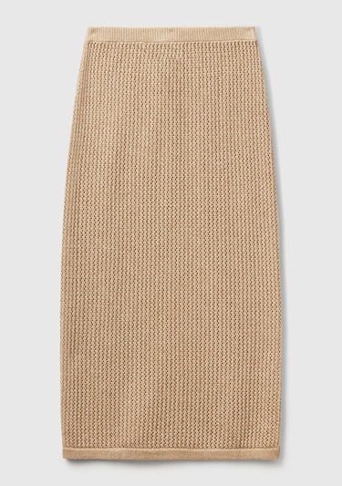  Kadın Bej Pamuk Karışımlı Tamamı Desenli Beli Lastikli Uzun Etek