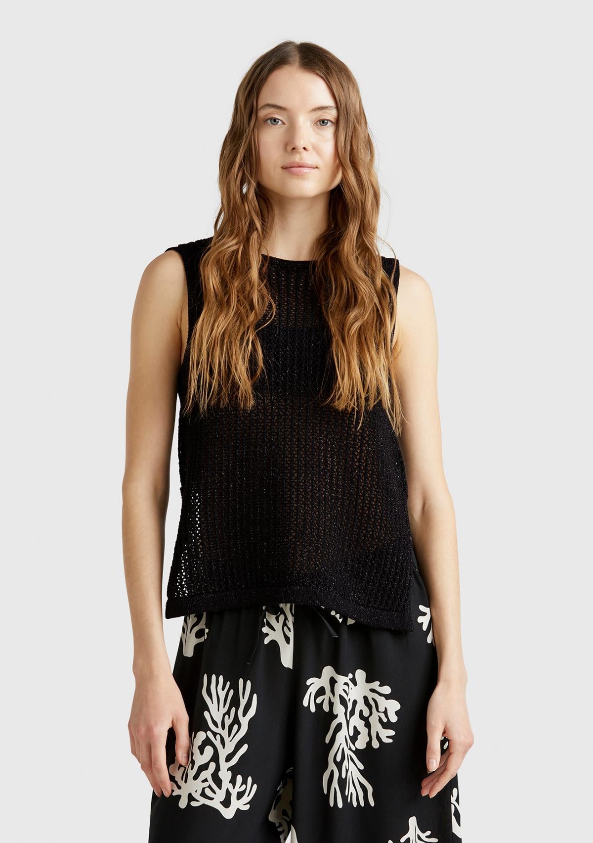  Kadın Siyah Pamuk Karışımlı Tamamı Desenli Bisiklet Yaka Kolsuz Üst