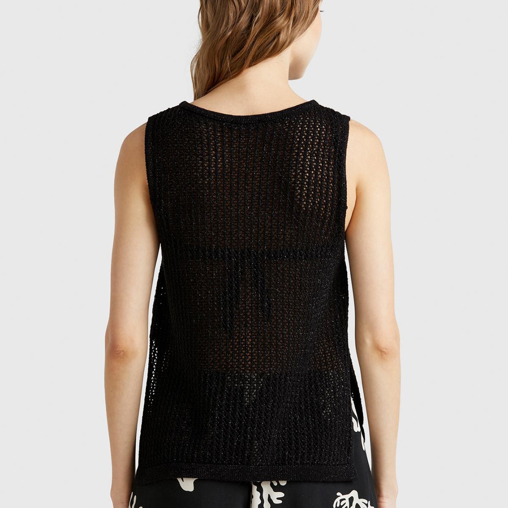 Kadın Siyah Pamuk Karışımlı Tamamı Desenli Bisiklet Yaka Kolsuz Üst