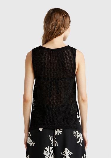  Kadın Siyah Pamuk Karışımlı Tamamı Desenli Bisiklet Yaka Kolsuz Üst