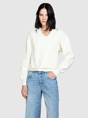  Kadın Krem %100 Pamuk Omuz Detaylı Kısa Kazak