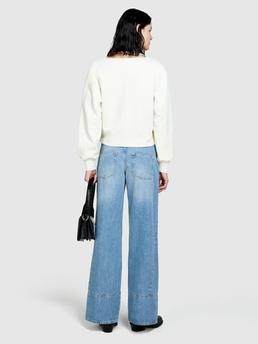  Kadın Krem %100 Pamuk Omuz Detaylı Kısa Kazak