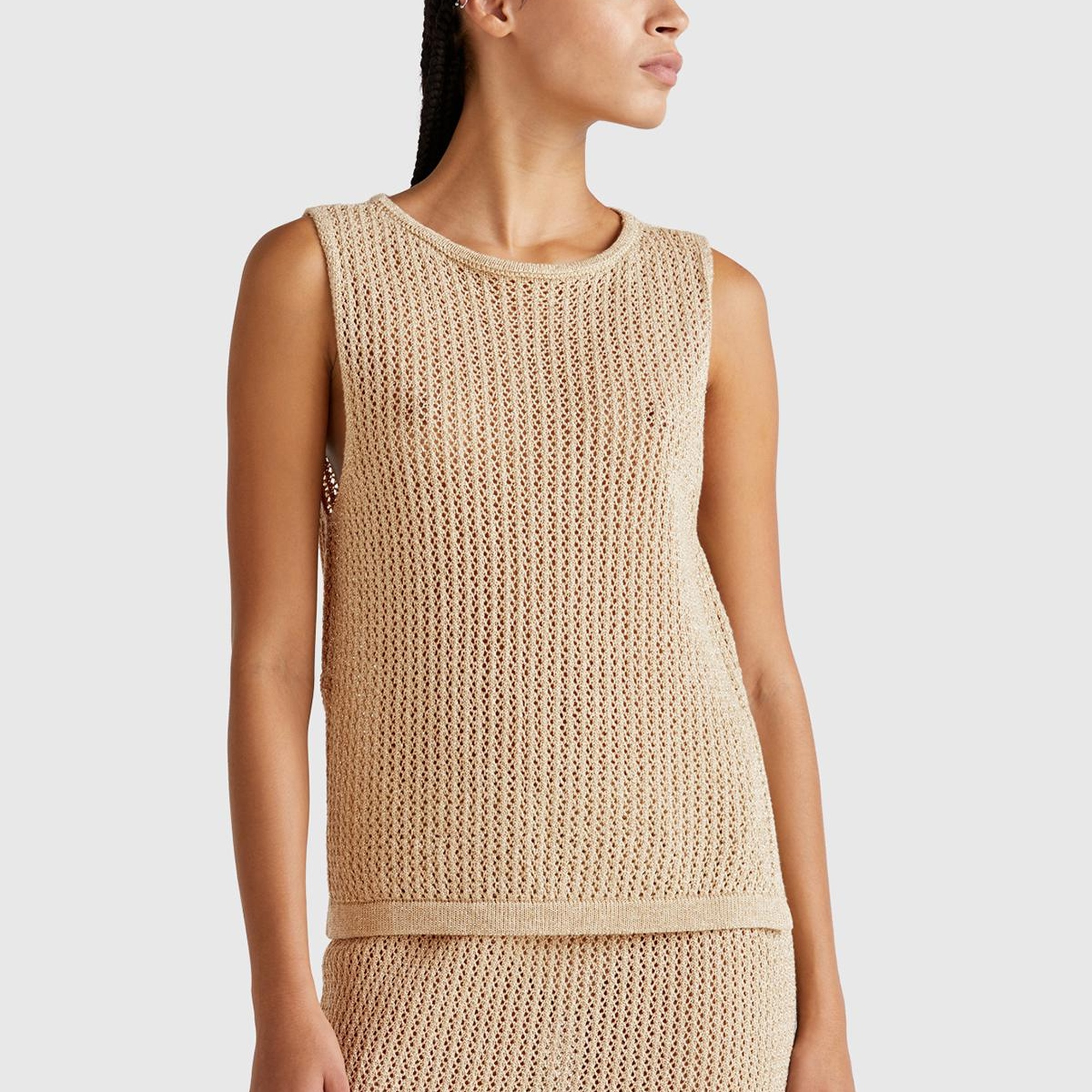 Kadın Bej Pamuk Karışımlı Tamamı Desenli Bisiklet Yaka Kolsuz Üst