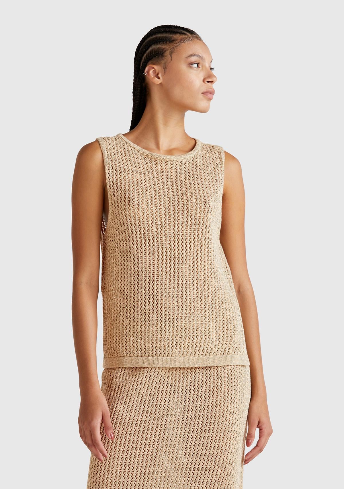  Kadın Bej Pamuk Karışımlı Tamamı Desenli Bisiklet Yaka Kolsuz Üst