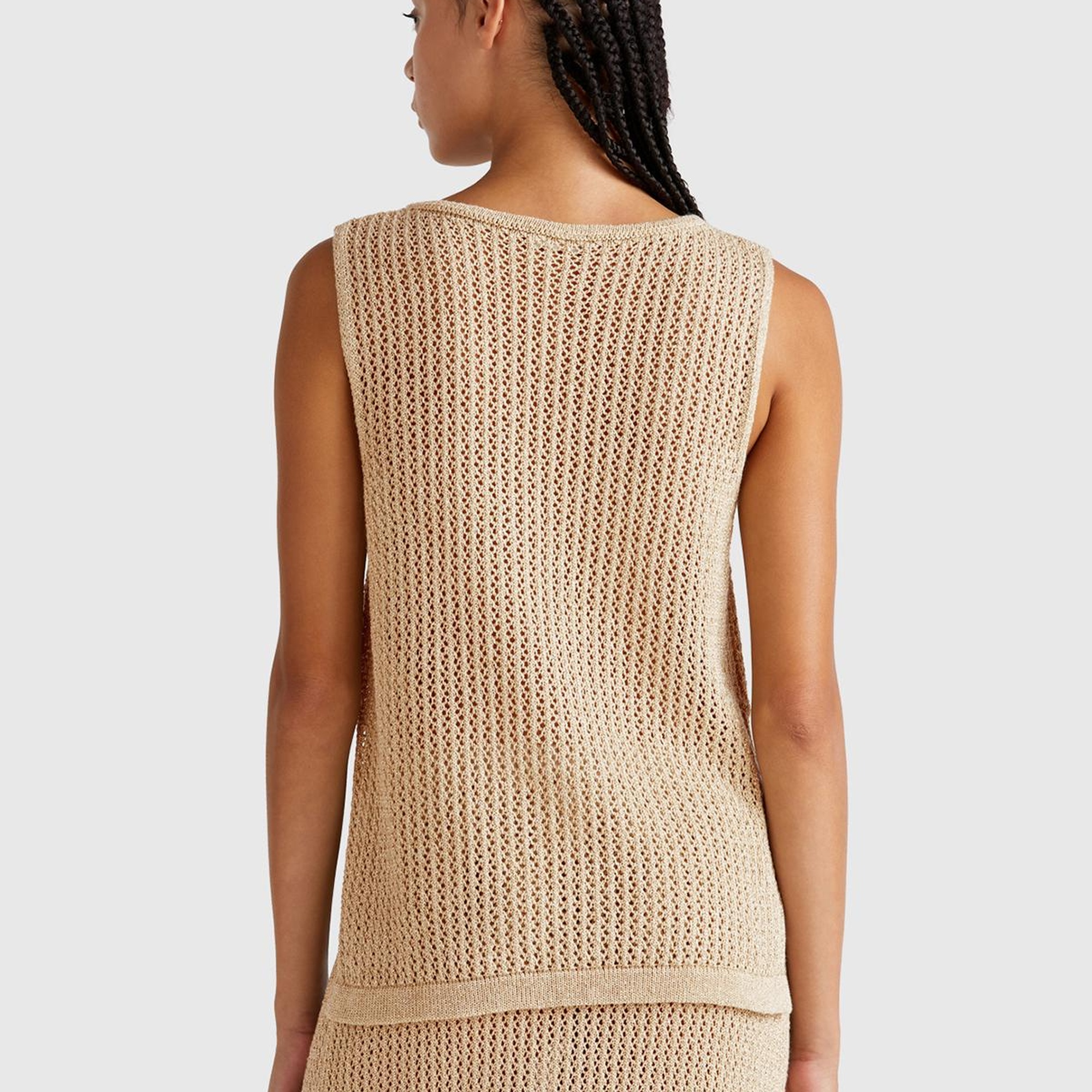 Kadın Bej Pamuk Karışımlı Tamamı Desenli Bisiklet Yaka Kolsuz Üst