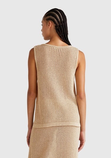  Kadın Bej Pamuk Karışımlı Tamamı Desenli Bisiklet Yaka Kolsuz Üst