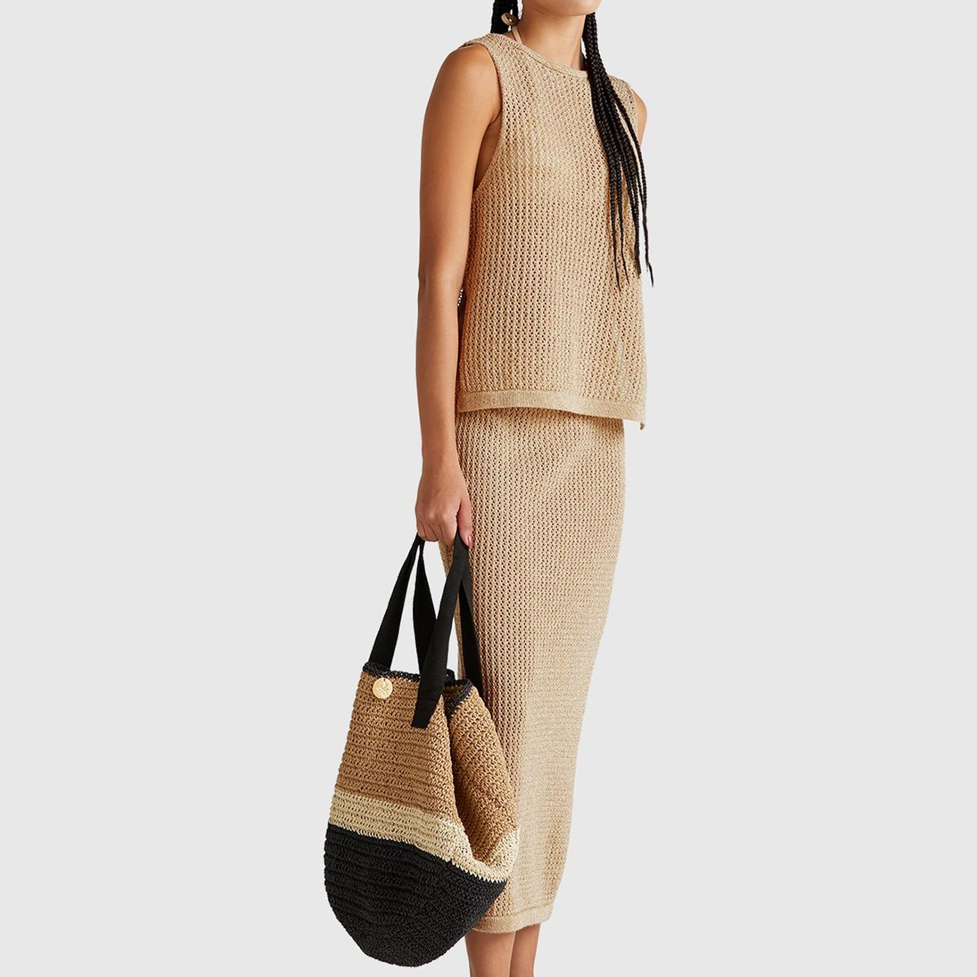 Kadın Bej Pamuk Karışımlı Tamamı Desenli Bisiklet Yaka Kolsuz Üst