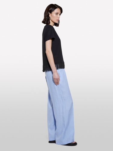  Kadın Siyah Pamuklu Ucu Püsküllü Bisiklet Yaka Regular Fit T-Shirt