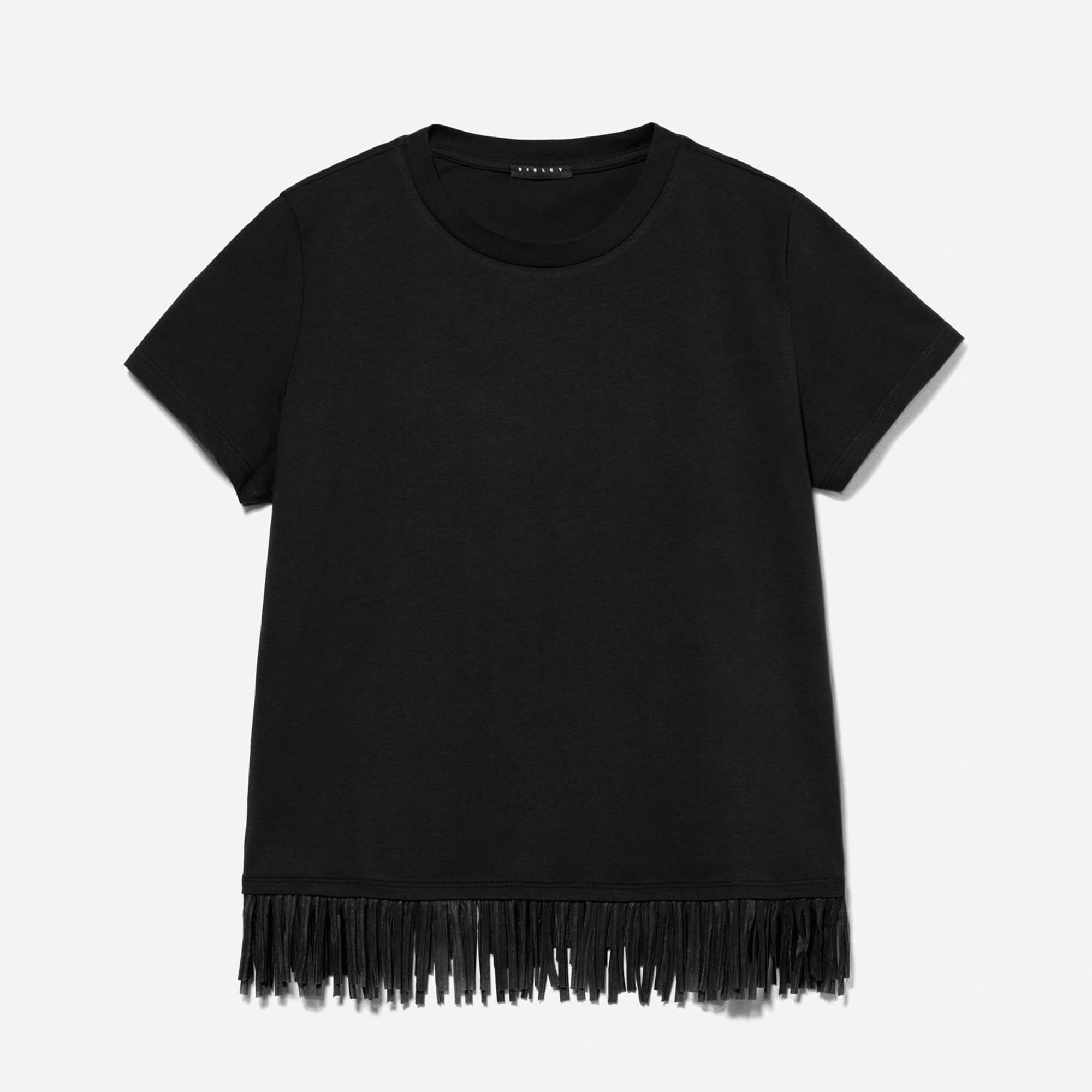 Kadın Siyah Pamuklu Ucu Püsküllü Bisiklet Yaka Regular Fit T-Shirt