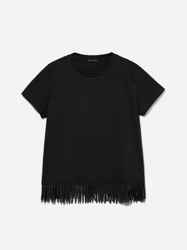  Kadın Siyah Pamuklu Ucu Püsküllü Bisiklet Yaka Regular Fit T-Shirt