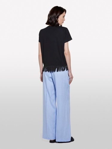  Kadın Siyah Pamuklu Ucu Püsküllü Bisiklet Yaka Regular Fit T-Shirt