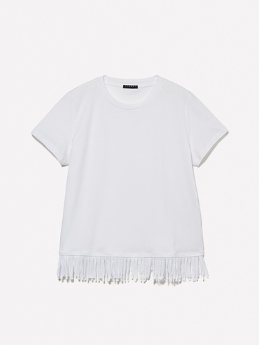  Kadın Beyaz Pamuklu Ucu Püsküllü Bisiklet Yaka Regular Fit T-Shirt