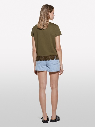  Kadın Koyu Haki Pamuklu Ucu Püsküllü Bisiklet Yaka Regular Fit T-Shirt