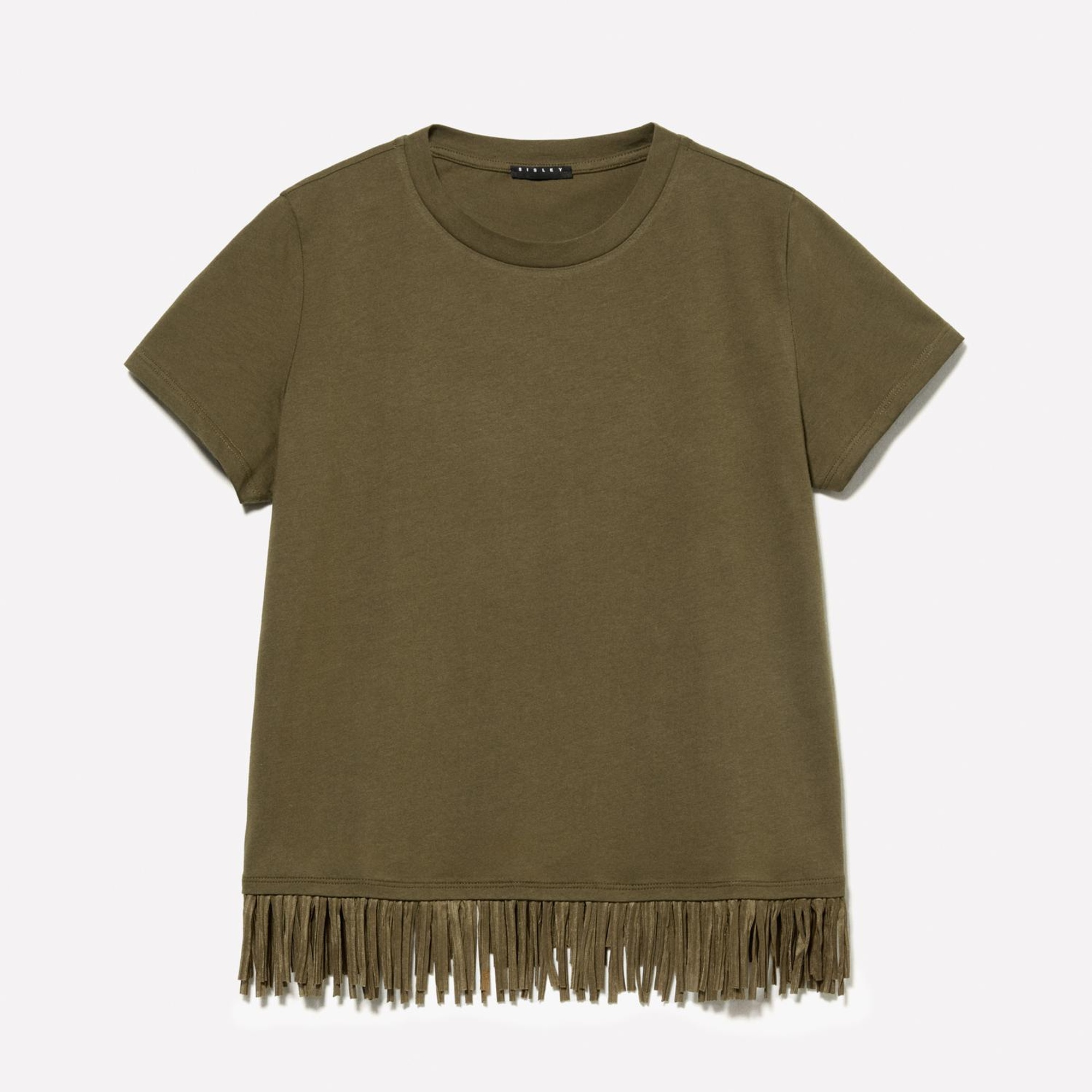 Kadın Koyu Haki Pamuklu Ucu Püsküllü Bisiklet Yaka Regular Fit T-Shirt