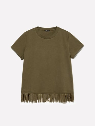  Kadın Koyu Haki Pamuklu Ucu Püsküllü Bisiklet Yaka Regular Fit T-Shirt