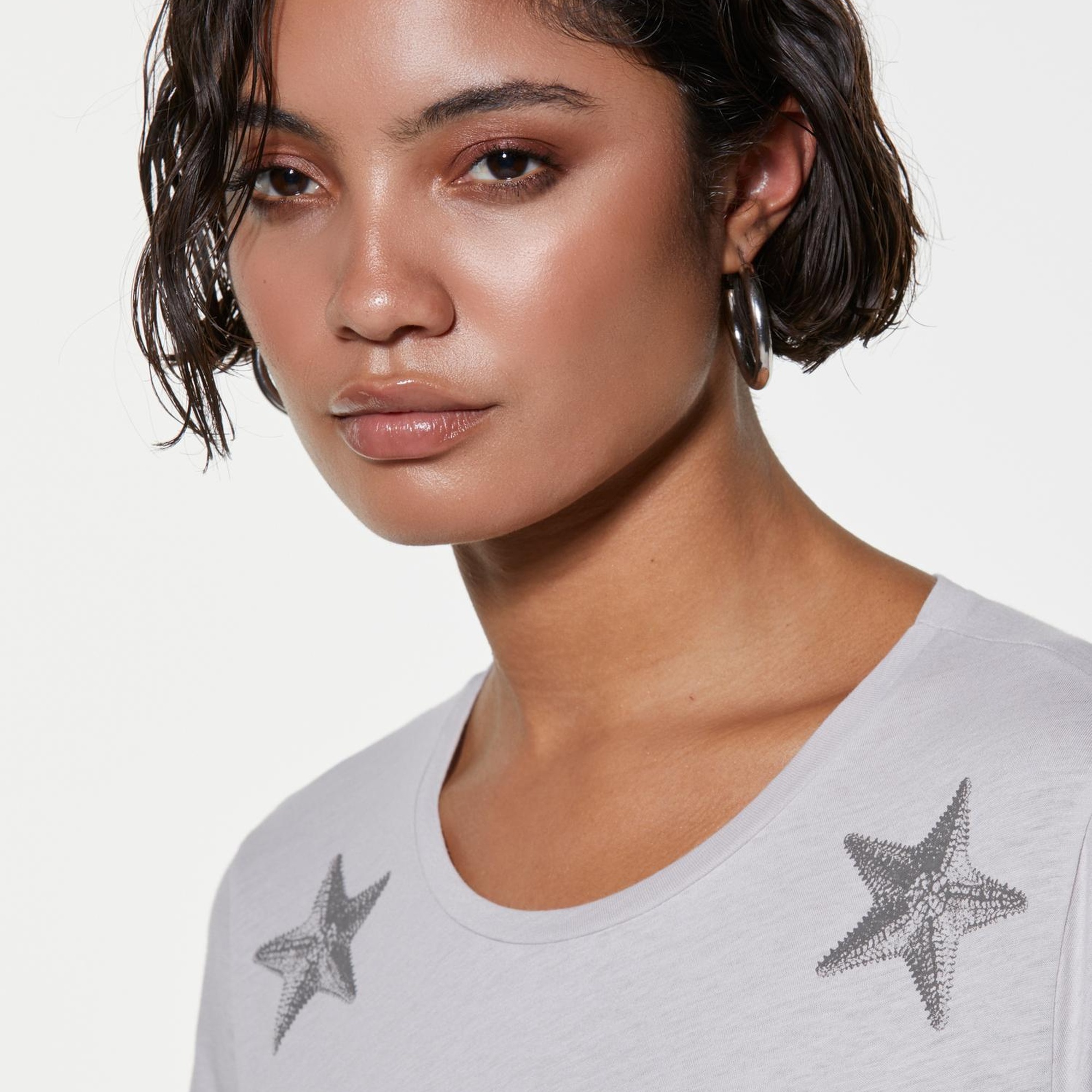 Kadın Gri %100 Pamuk Baskılı Bisiklet Yaka Regular Fit T-Shirt