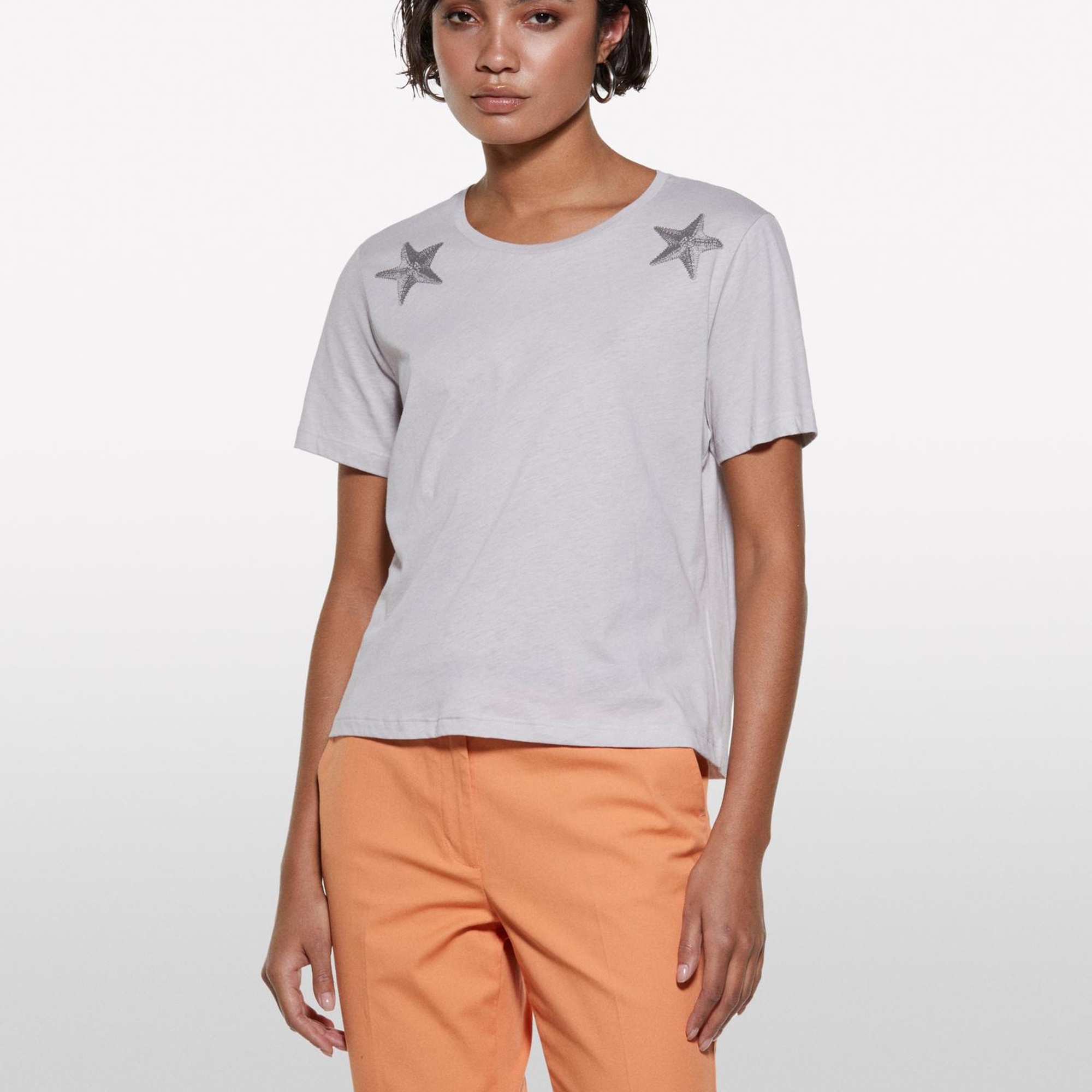 Kadın Gri %100 Pamuk Baskılı Bisiklet Yaka Regular Fit T-Shirt