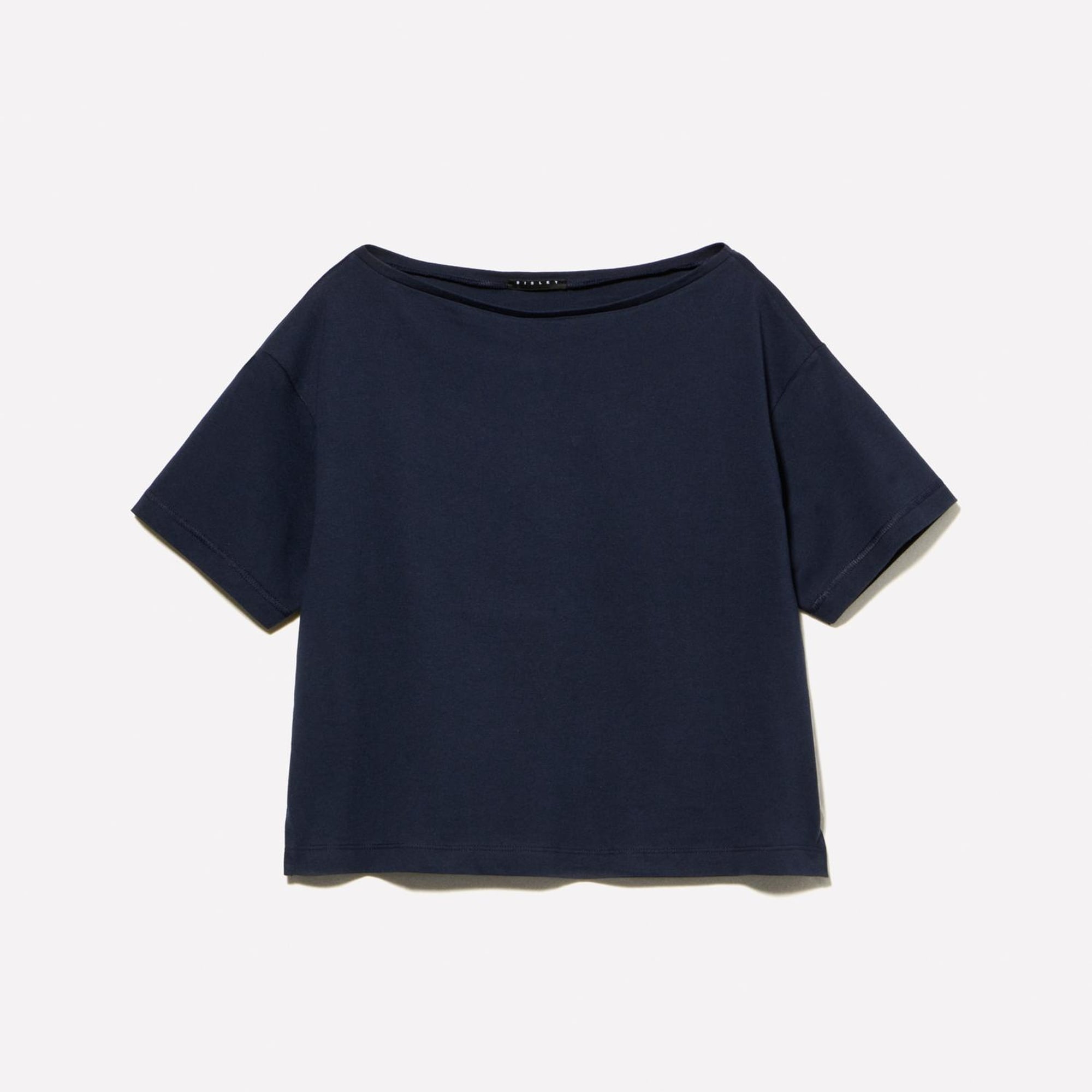 Kadın Koyu Lacivert %100 Pamuk Kayık Yaka Boxy Fit Crop T-Shirt