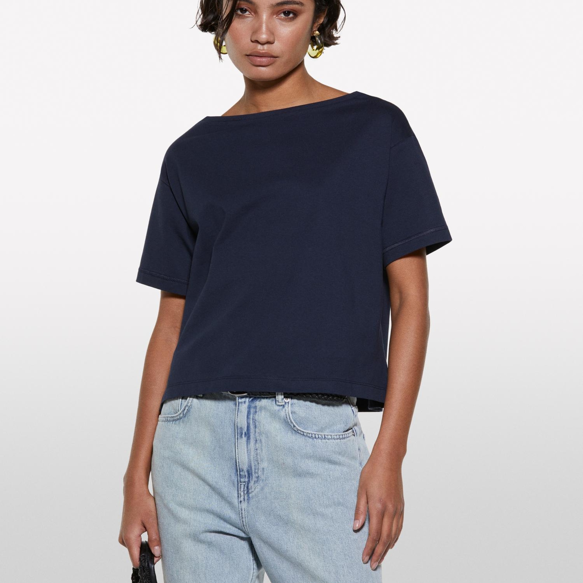 Kadın Koyu Lacivert %100 Pamuk Kayık Yaka Boxy Fit Crop T-Shirt