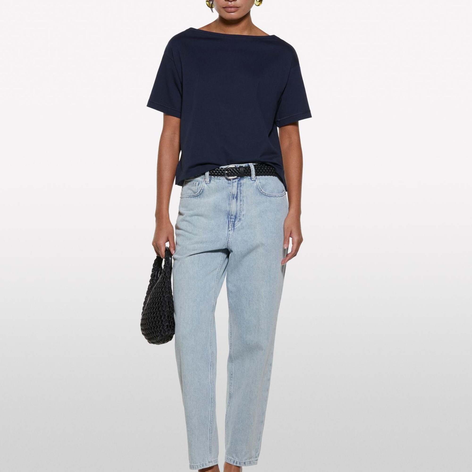 Kadın Koyu Lacivert %100 Pamuk Kayık Yaka Boxy Fit Crop T-Shirt