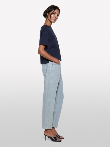  Kadın Koyu Lacivert %100 Pamuk Kayık Yaka Boxy Fit Crop T-Shirt