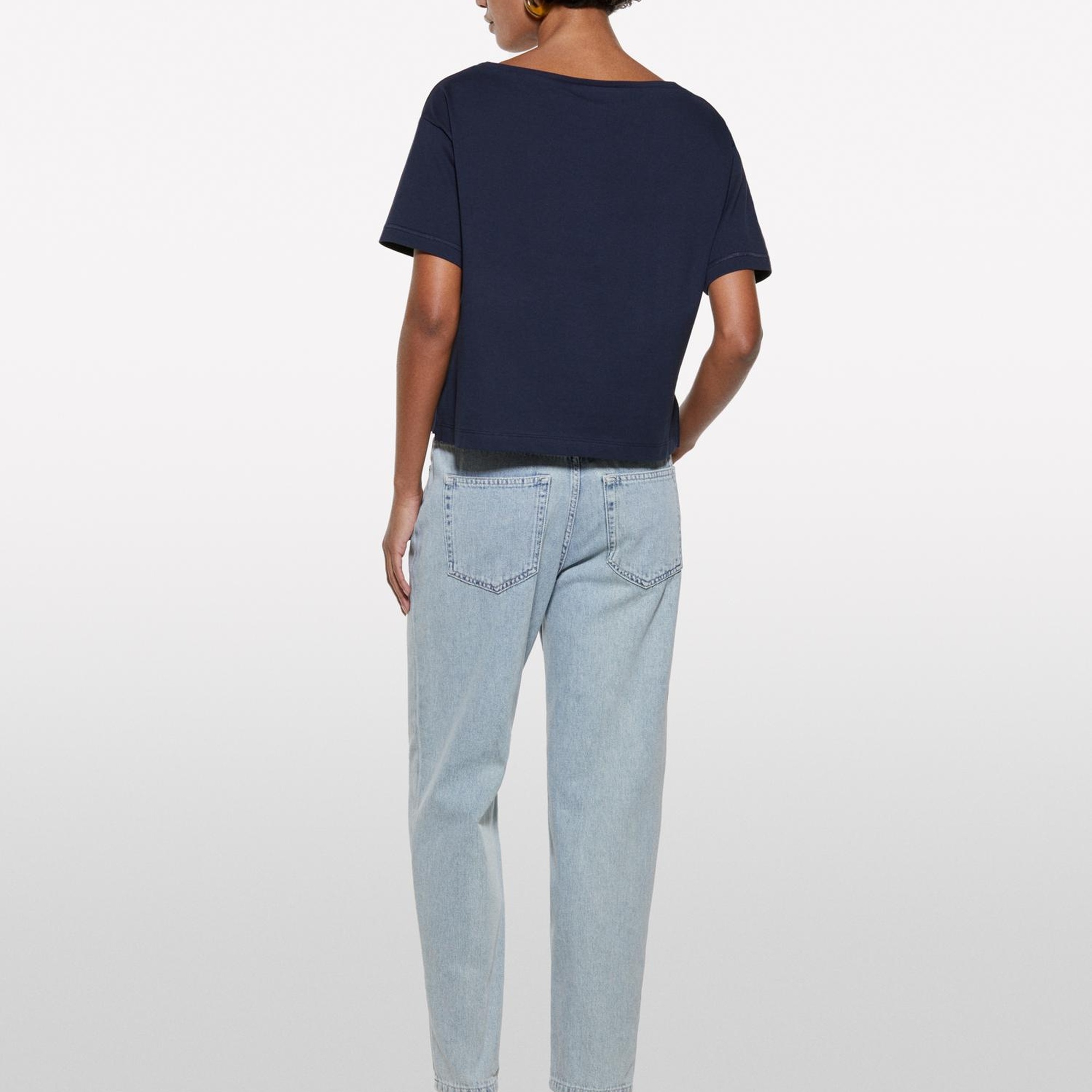 Kadın Koyu Lacivert %100 Pamuk Kayık Yaka Boxy Fit Crop T-Shirt