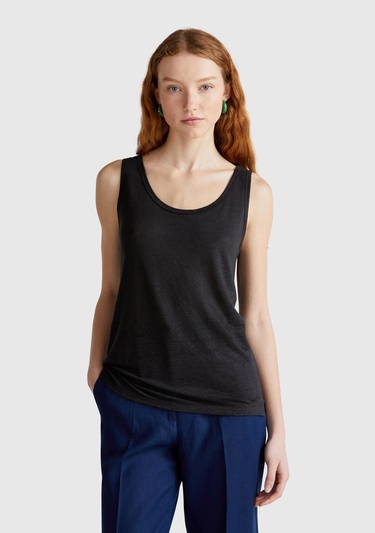  Kadın Siyah %100 Keten Yanları Yırtmaçlı Regular Fit Yuvarlak Yaka Atlet