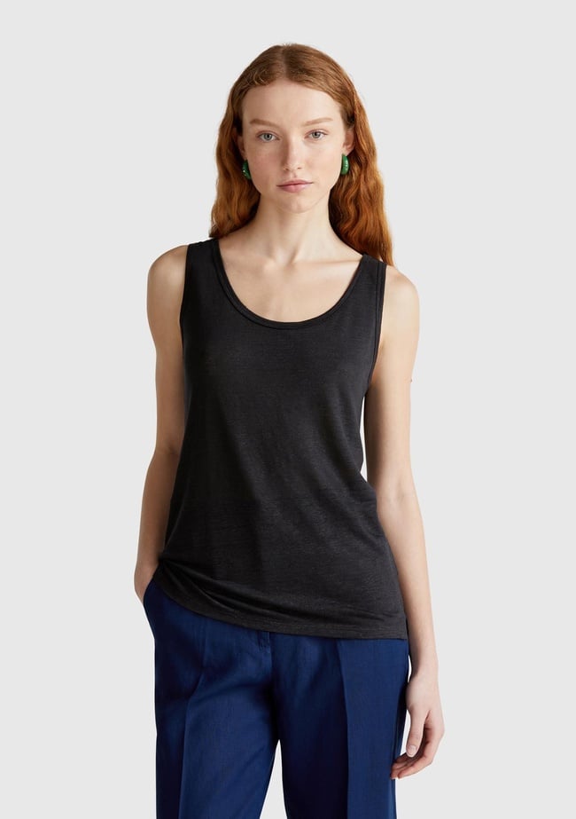  Kadın Siyah %100 Keten Yanları Yırtmaçlı Regular Fit Yuvarlak Yaka Atlet