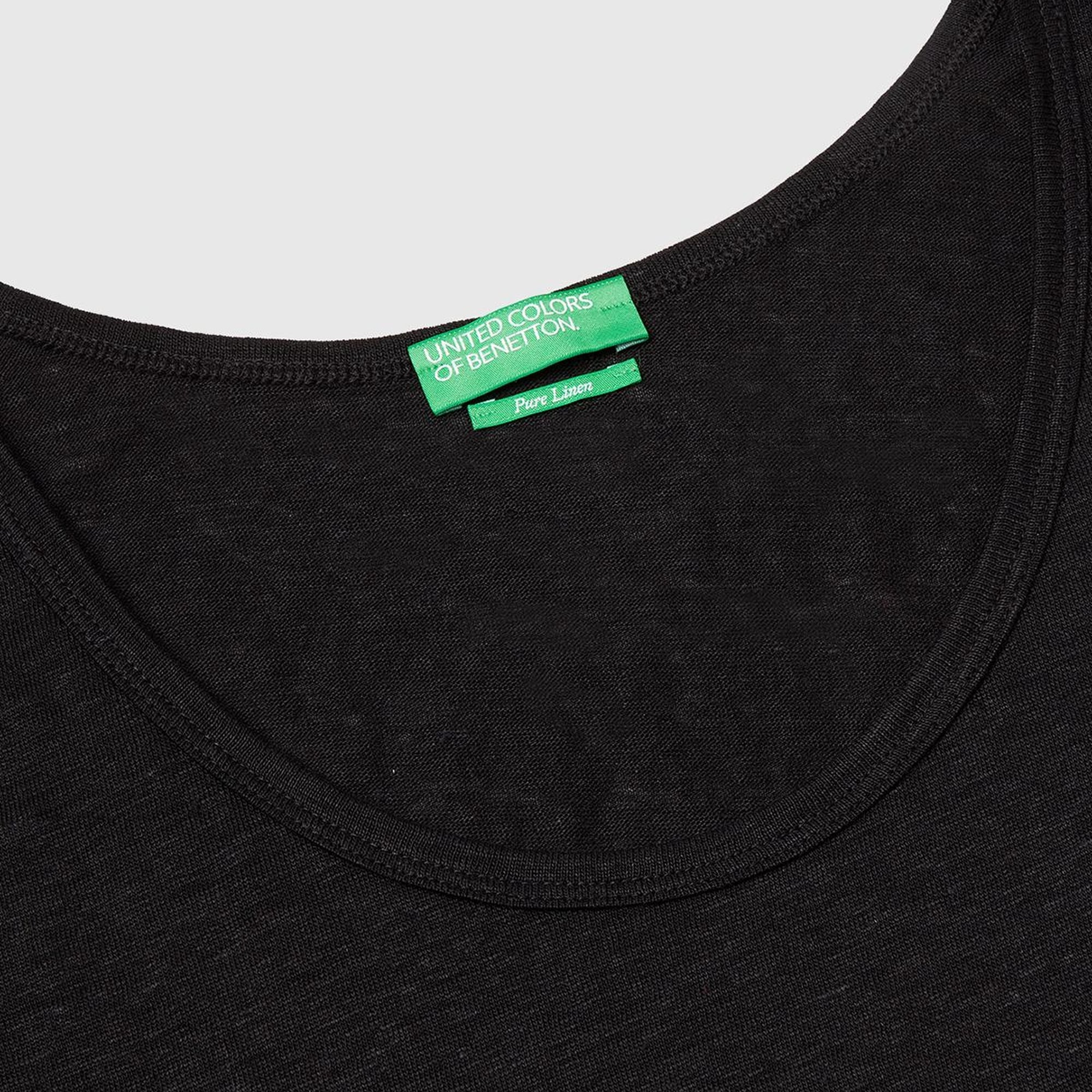 Kadın Siyah %100 Keten Yanları Yırtmaçlı Regular Fit Yuvarlak Yaka Atlet