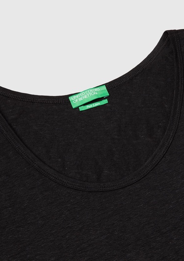  Kadın Siyah %100 Keten Yanları Yırtmaçlı Regular Fit Yuvarlak Yaka Atlet