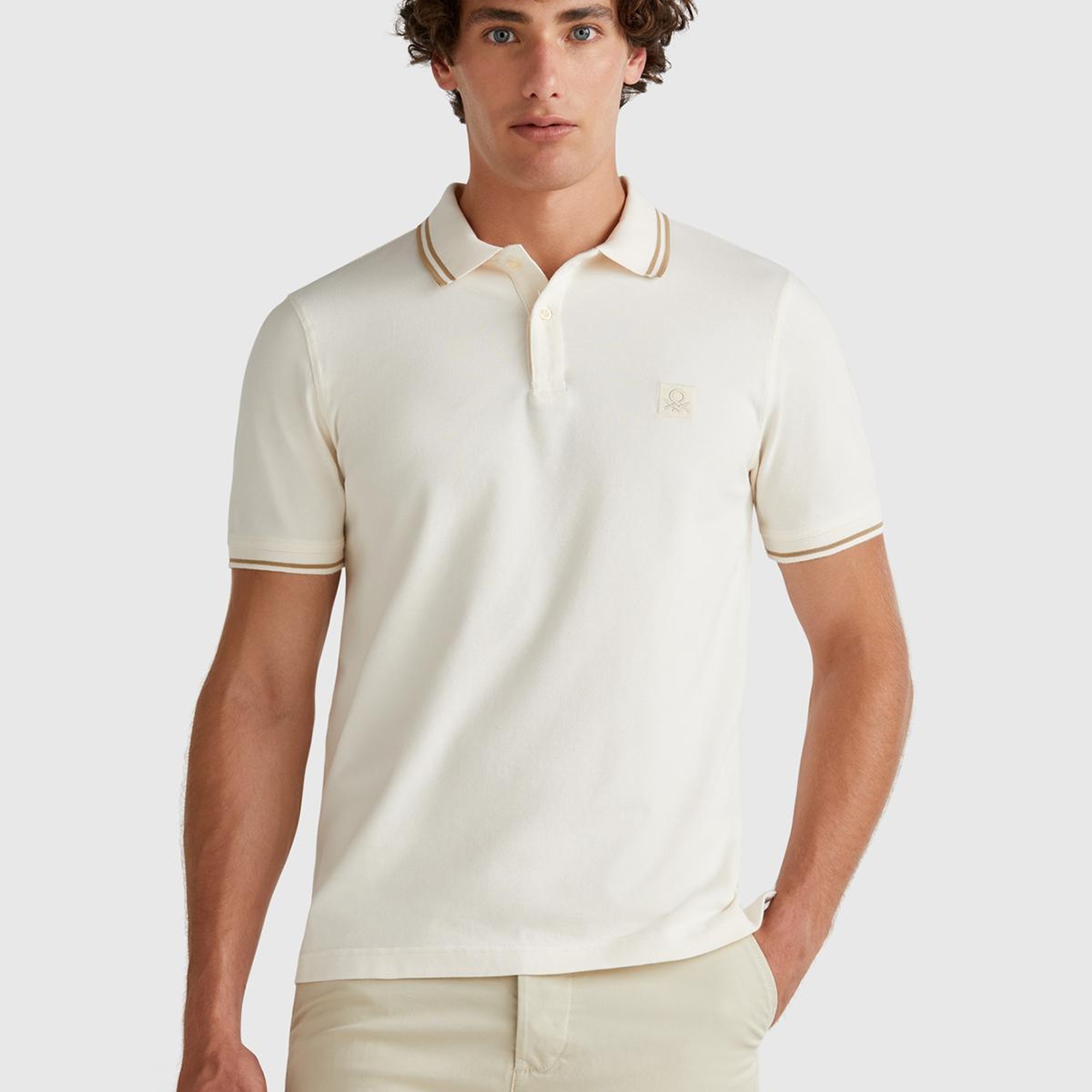 Erkek Krem Kol ve Yakası Çizgili Polo T-Shirt