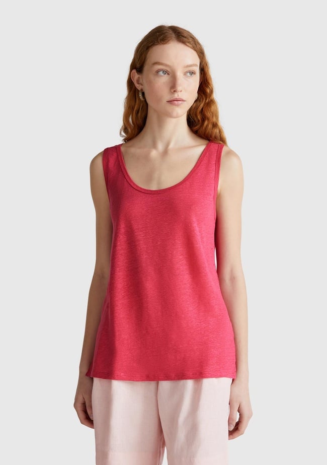  Kadın Fuşya %100 Keten Yanları Yırtmaçlı Regular Fit Yuvarlak Yaka Atlet