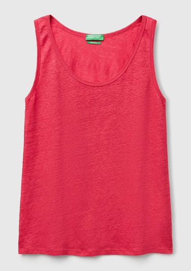  Kadın Fuşya %100 Keten Yanları Yırtmaçlı Regular Fit Yuvarlak Yaka Atlet