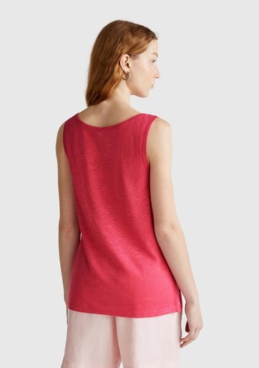  Kadın Fuşya %100 Keten Yanları Yırtmaçlı Regular Fit Yuvarlak Yaka Atlet