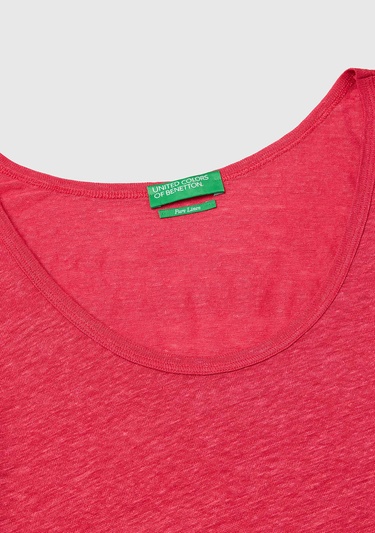  Kadın Fuşya %100 Keten Yanları Yırtmaçlı Regular Fit Yuvarlak Yaka Atlet