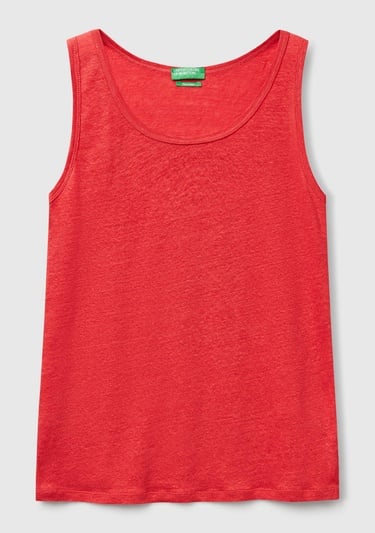  Kadın Mercan %100 Keten Yanları Yırtmaçlı Regular Fit Yuvarlak Yaka Atlet