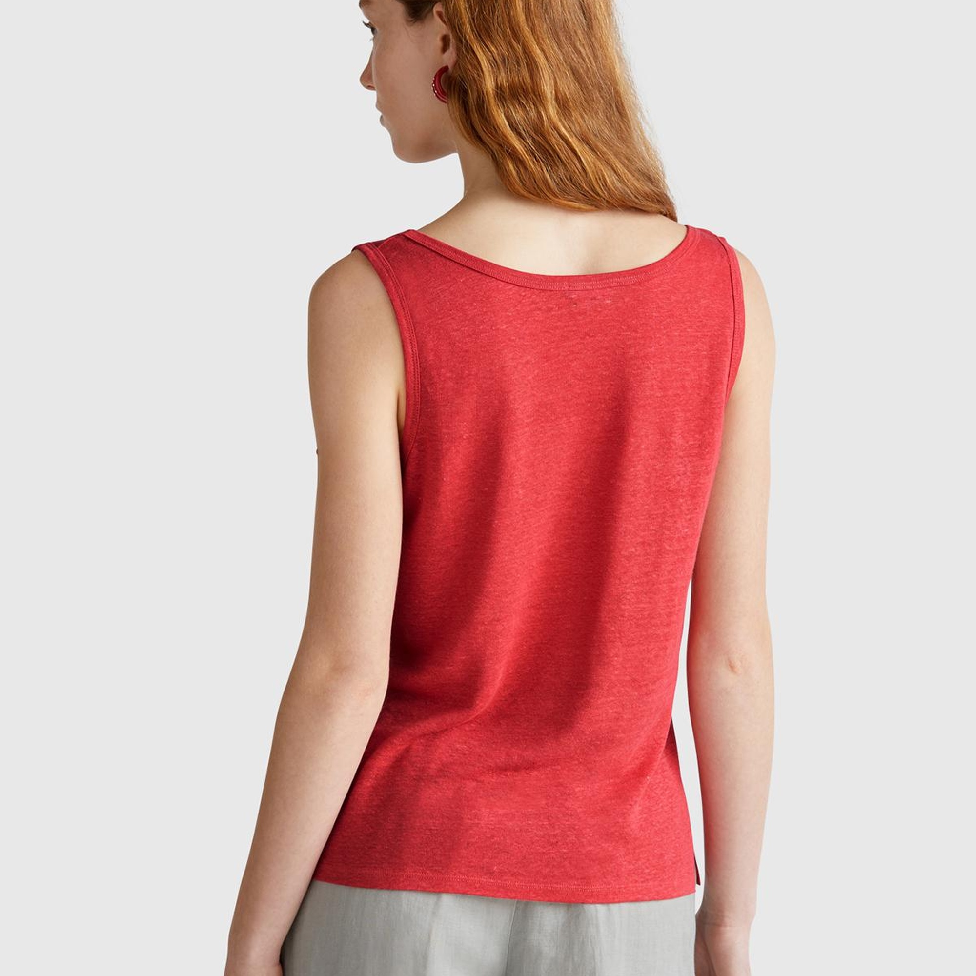 Kadın Mercan %100 Keten Yanları Yırtmaçlı Regular Fit Yuvarlak Yaka Atlet