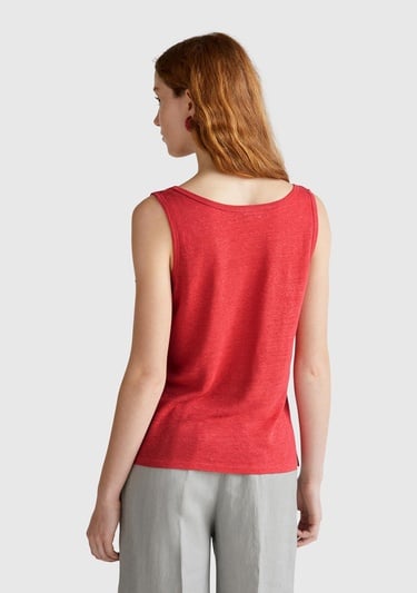  Kadın Mercan %100 Keten Yanları Yırtmaçlı Regular Fit Yuvarlak Yaka Atlet