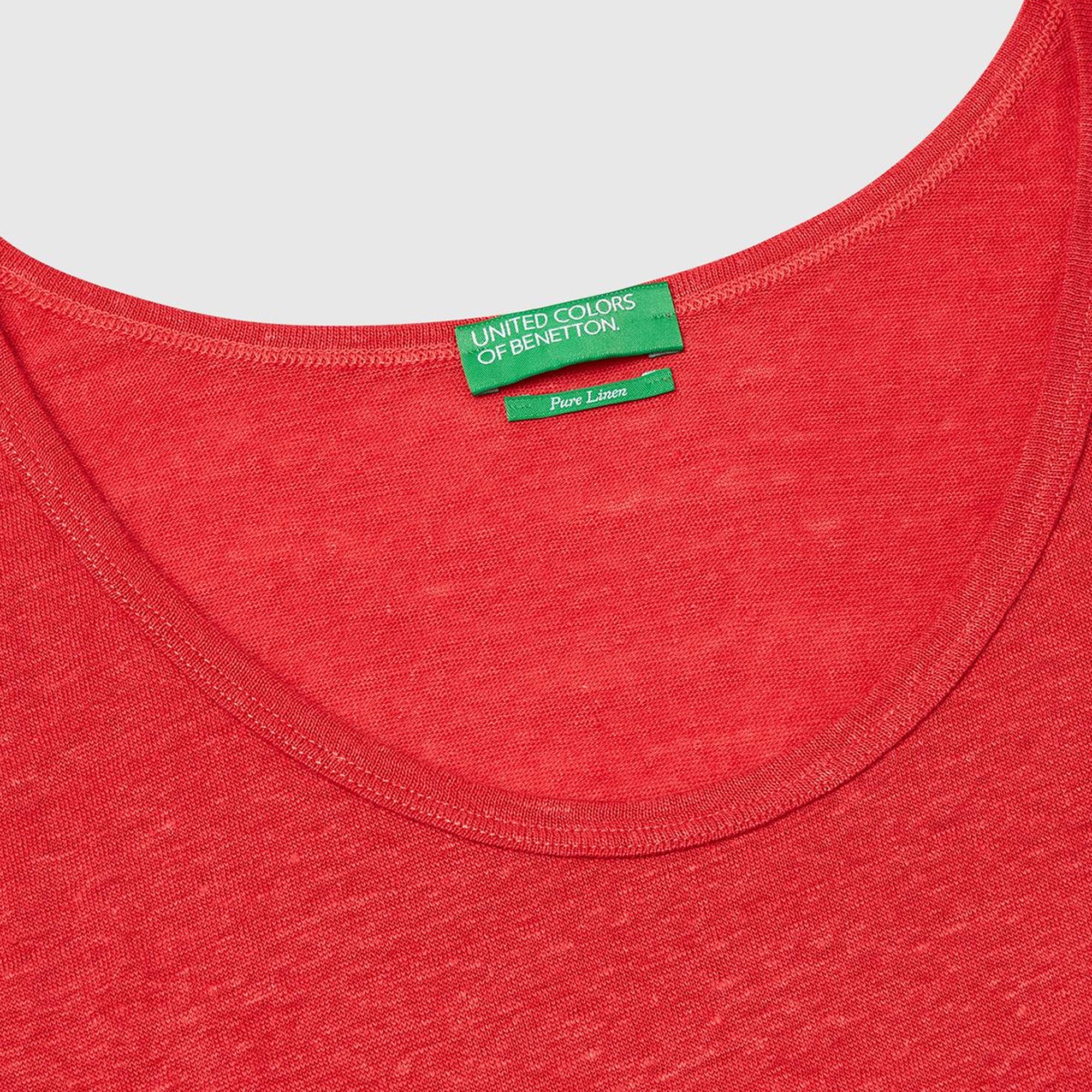 Kadın Mercan %100 Keten Yanları Yırtmaçlı Regular Fit Yuvarlak Yaka Atlet