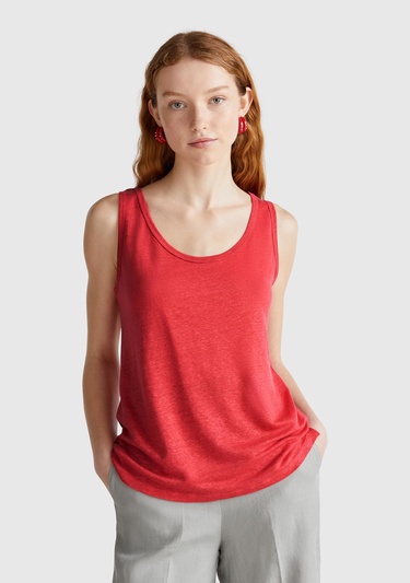  Kadın Mercan %100 Keten Yanları Yırtmaçlı Regular Fit Yuvarlak Yaka Atlet